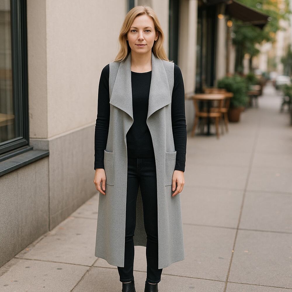 Cupcakes & Cashmere Gray Longline Sleeveless Cardigan Vest Waterfall Duster Belt